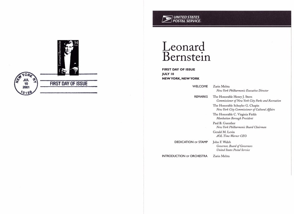 USPS 1st Day Ceremony Program #3521 Leonard Bernstein Music Composer Conductor