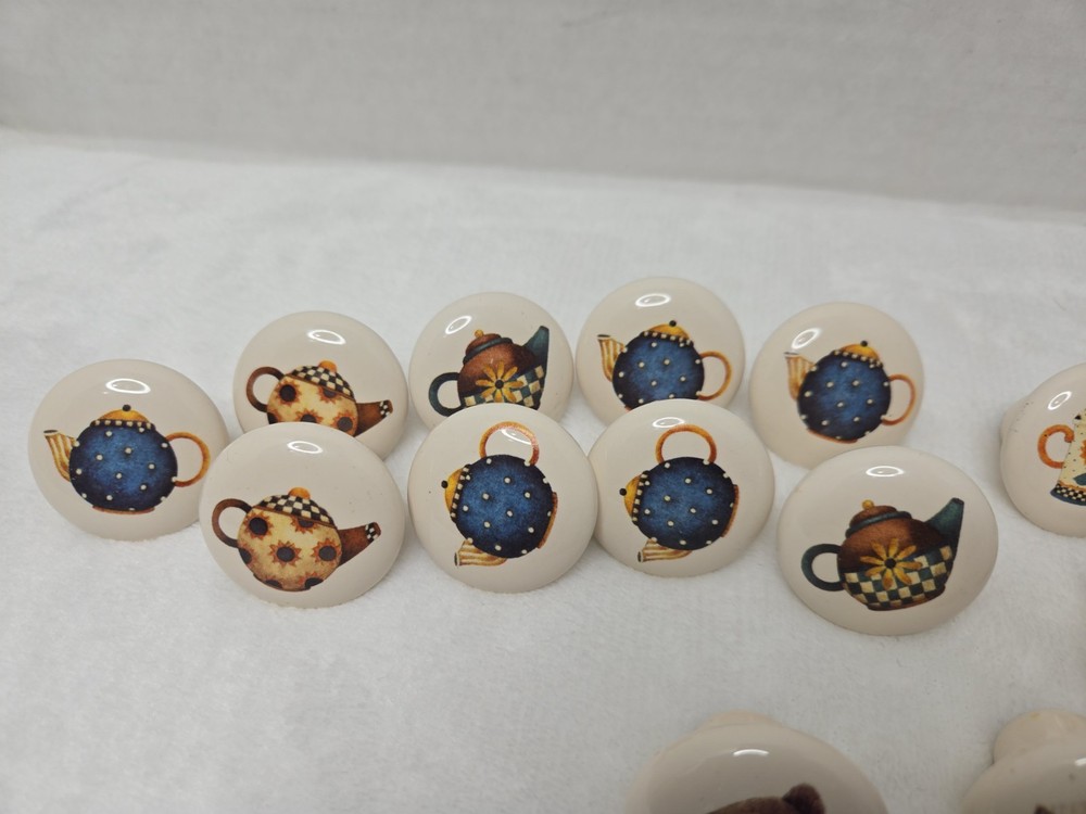 Set 18 Vintage 1 1/2" Round Porcelain Drawer Pull Knobs, bears, bee, kettle
