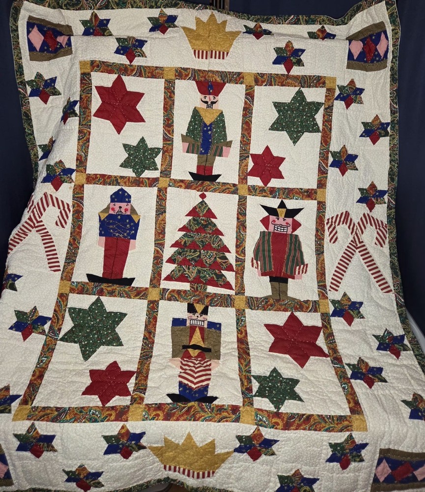 Handmade Grandma's Patchwork 49x59 Throw Quilt Nutcrackers/Star/Crown/Candy Cane