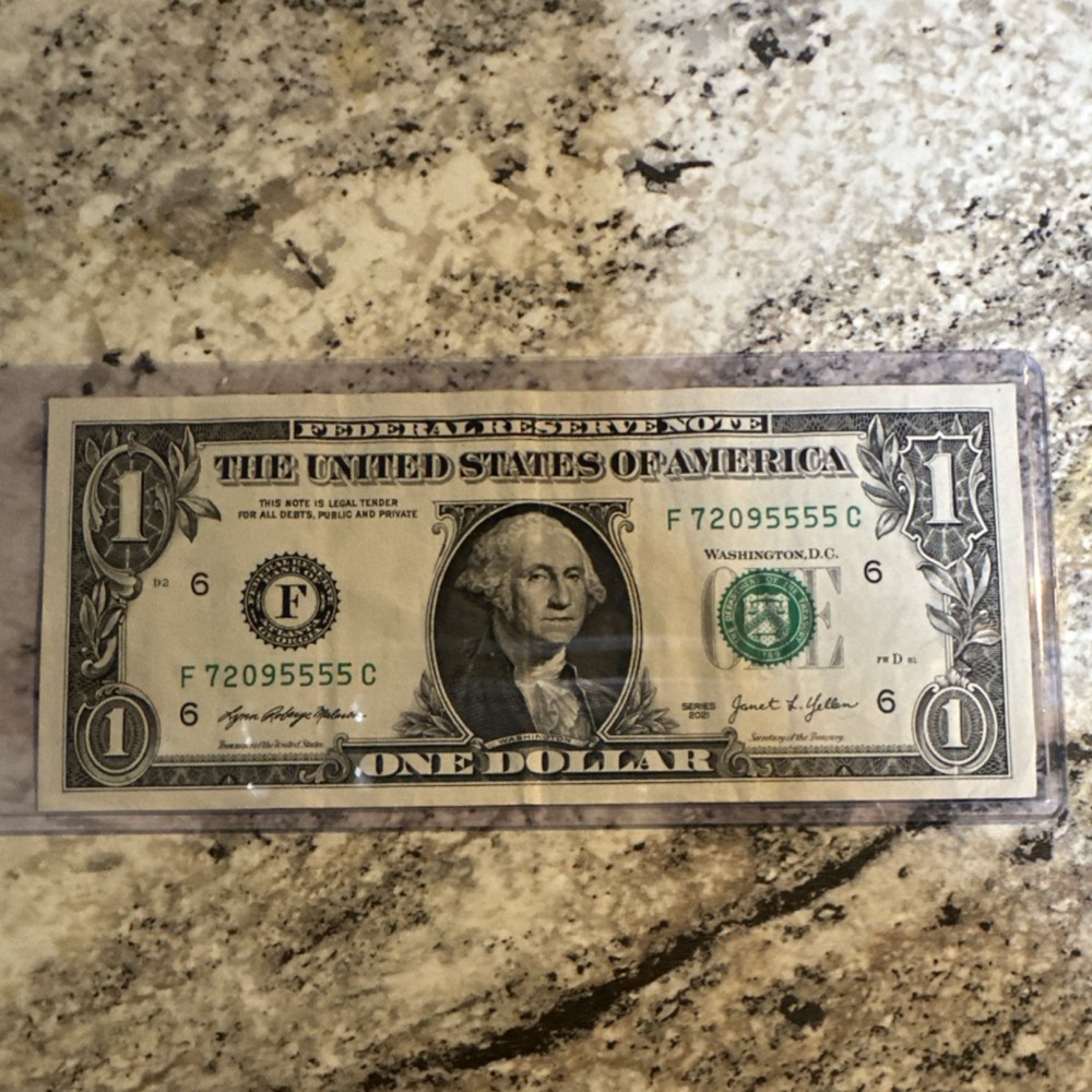 $1 US Federal Reserve Note Error Serial F72095555C Washington DC. ENDING 5’s