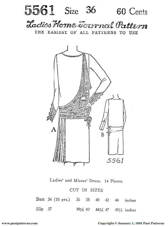 Past Patterns 5561 - Late 1920s Slightly Bloused Dress Sewing Pattern bust 36"