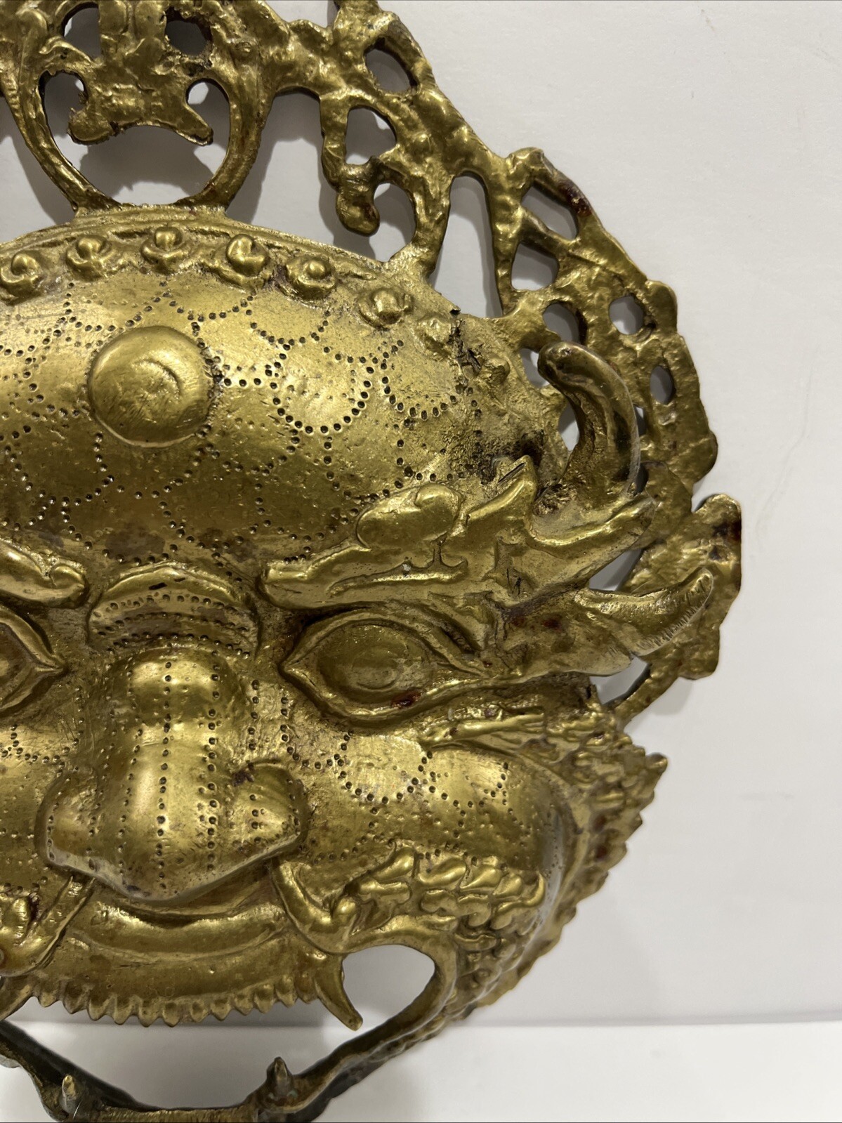 Antique or Vintage Gilt Bronze Tibetan Buddha Mahakala Mask Wall Hanging 9” T