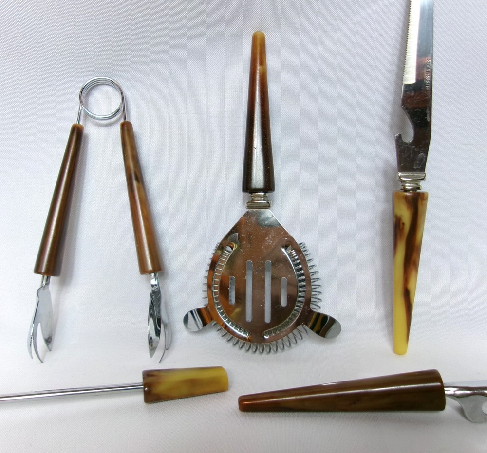 Set/5 - MCM Vintage Marbled BAKELITE Handled Barware Tool Set - EUC