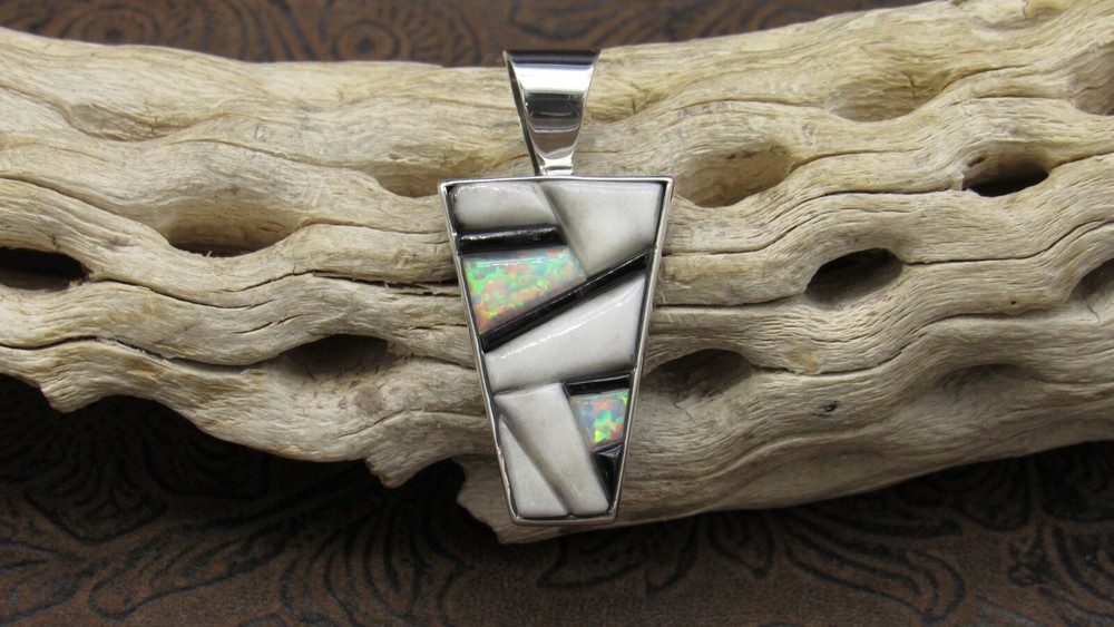 *White Magnesite Lab Created Opal Sterling Silver Geometric Shaped Pendant+