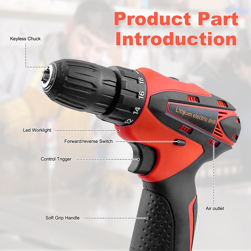 33 Picce Orange Tool Kit with 12V Cordless Drill, Box Drill Driver