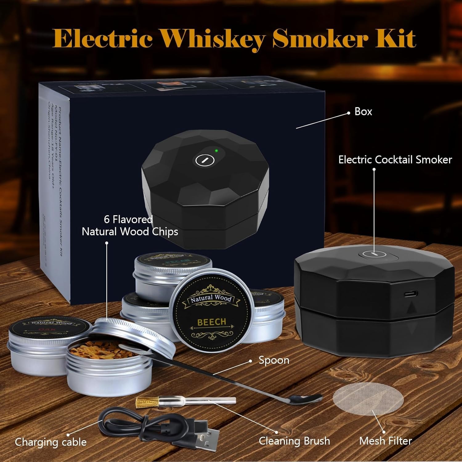 Electric Whiskey Smoker Kit with 6 Flavors Wood Chips & LED Light,