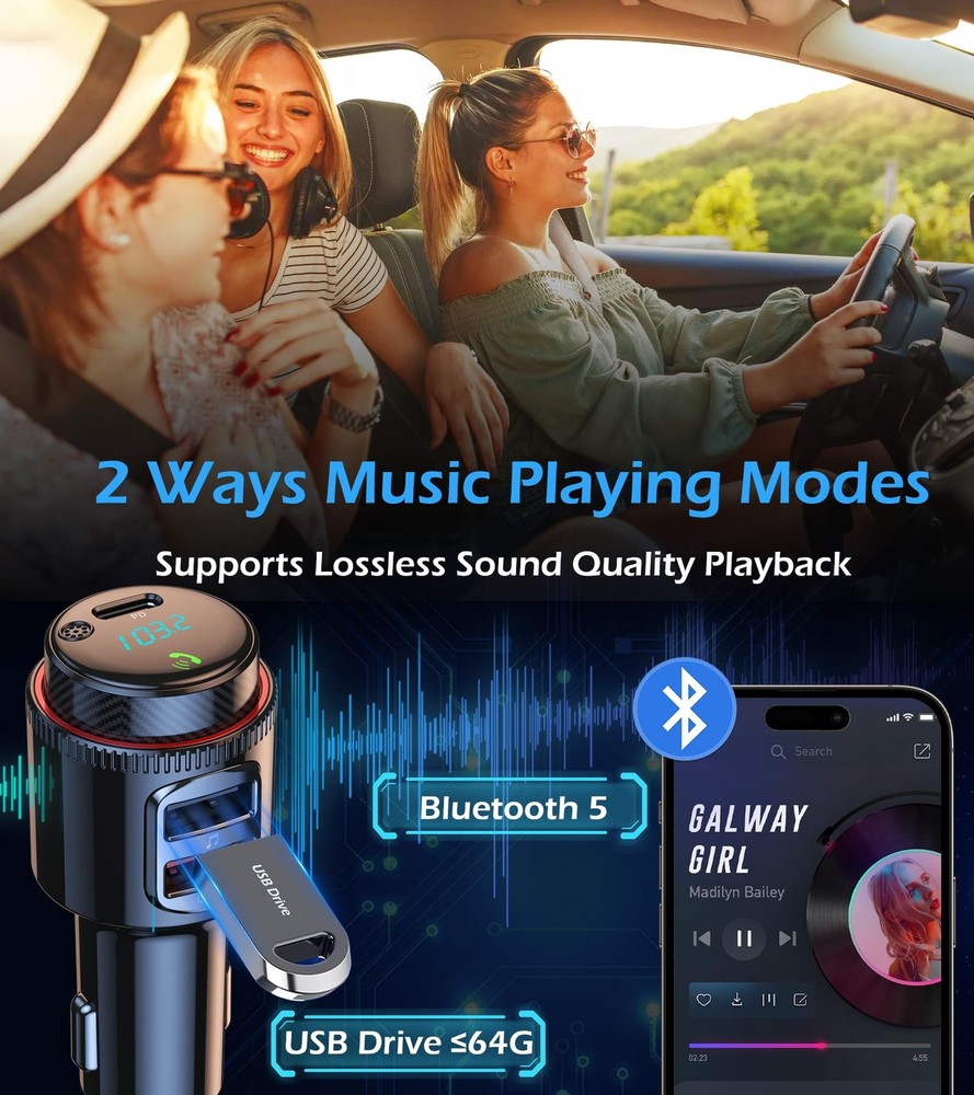Bluetooth Car Adapter, Wireless AUX FM Transmitter, USB CQC3.0 Dual Fast Char...