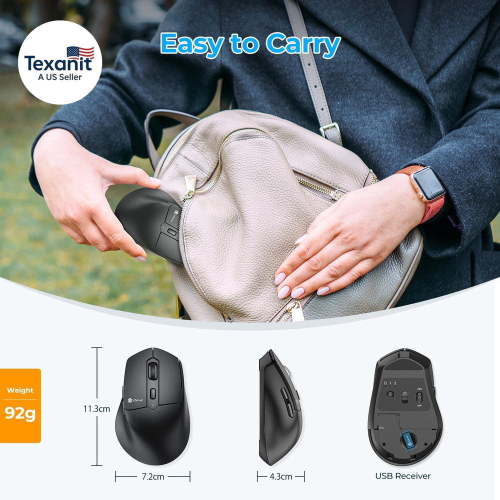 MD360 Ergonomic Bluetooth Mouse with Mouse Jiggler, Wireless Rechargeable Mouse