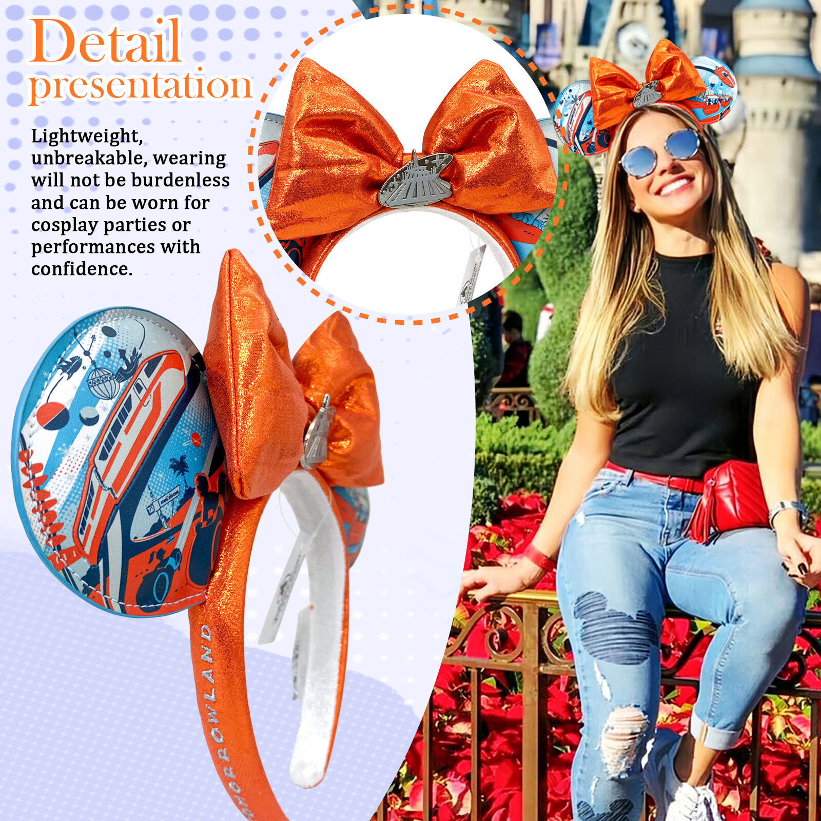 Disney-Tomorrowland Magic Kingdom Space Mountain Minnie Ears Orange Bow Headband