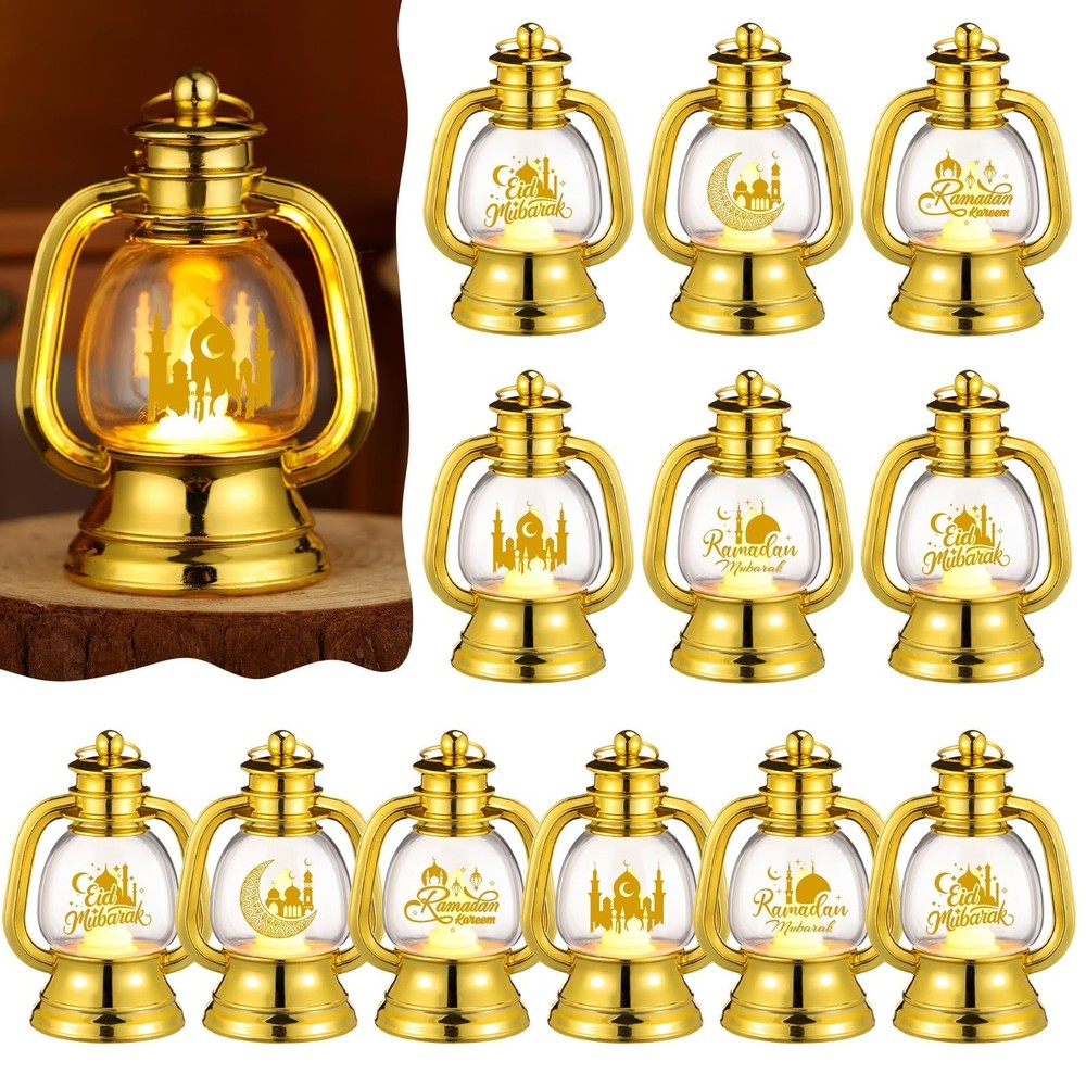 ROCEEI 12 Pcs Ramadan Eid Lantern Mini Gold Lanterns Decorative with LED Cand...