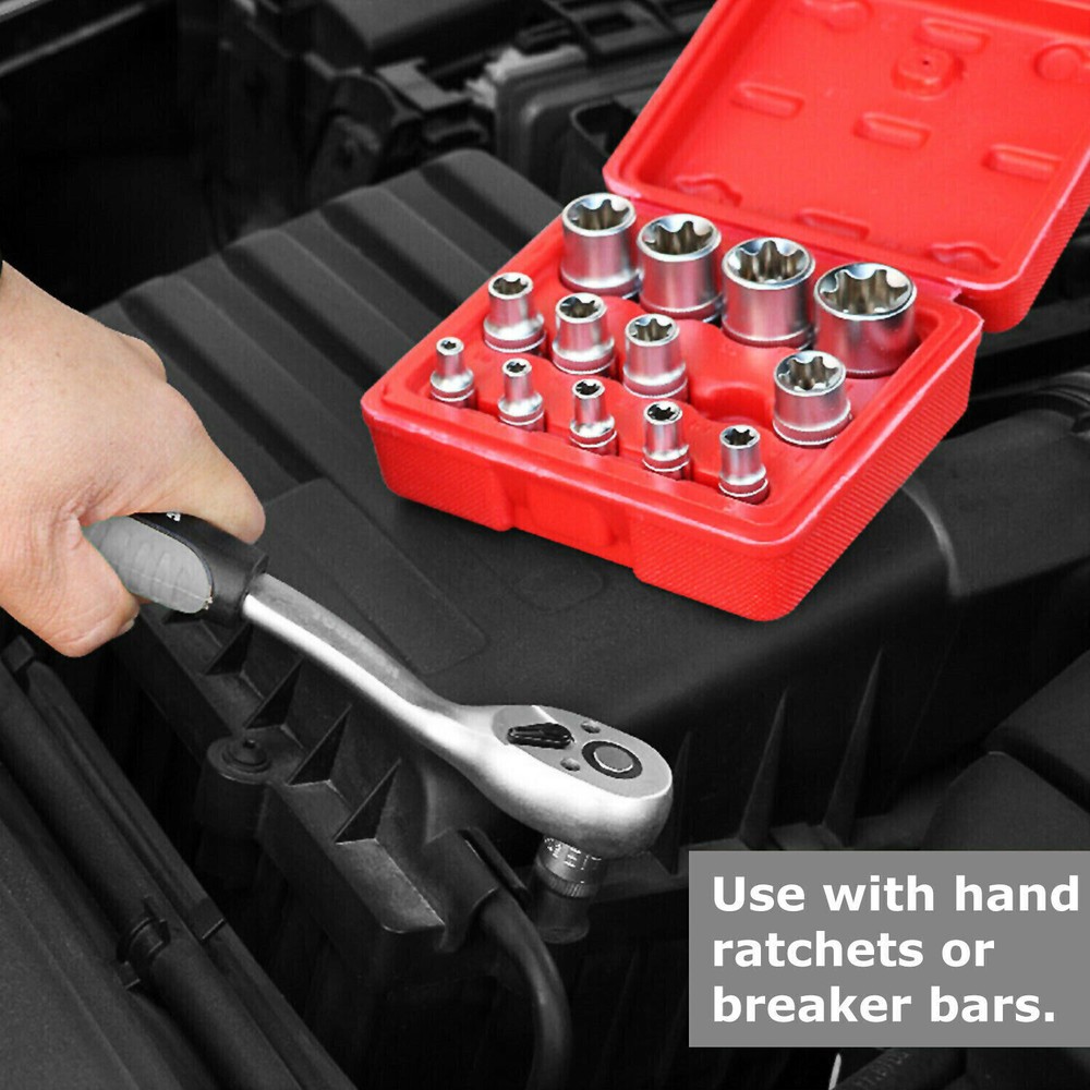 14 PC E Torx Star Female Bit Socket Set 1/2"/3/8"/1/4" Drive E4 -E24