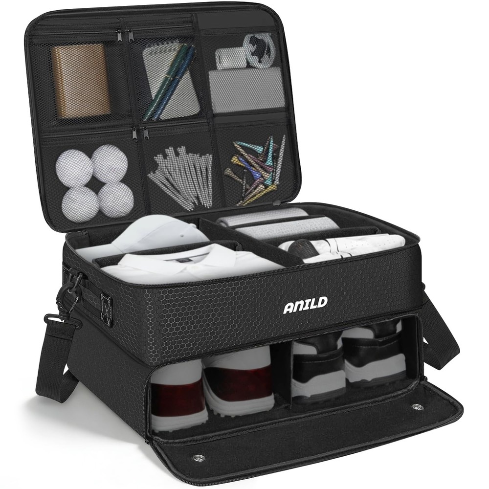 ANILD Golf Trunk Organizer, 2 Layer Storage Case with Separate Black