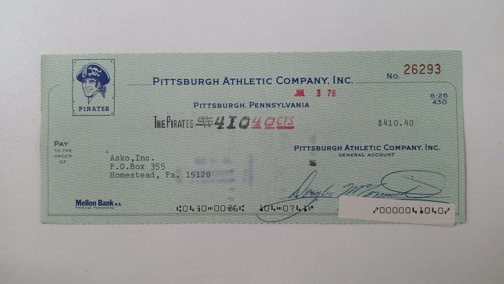 Asko, Inc.: 1978 Pittsburgh Pirates Expense Check