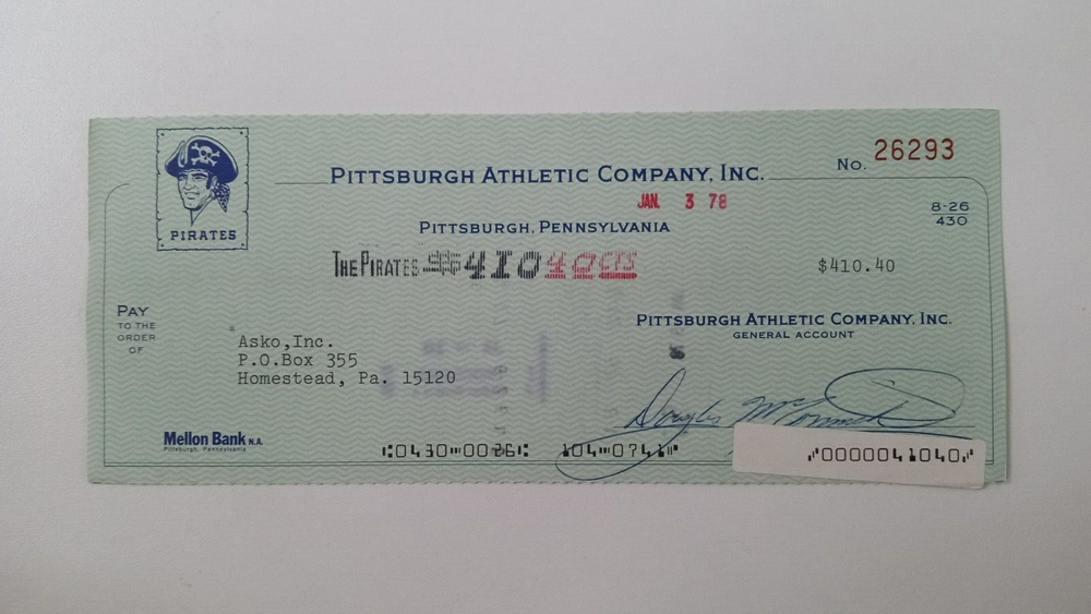 Asko, Inc.: 1978 Pittsburgh Pirates Expense Check