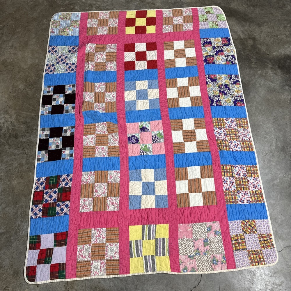 Handmade 9-Square Patchwork Quilt 72" x 52" Vintage