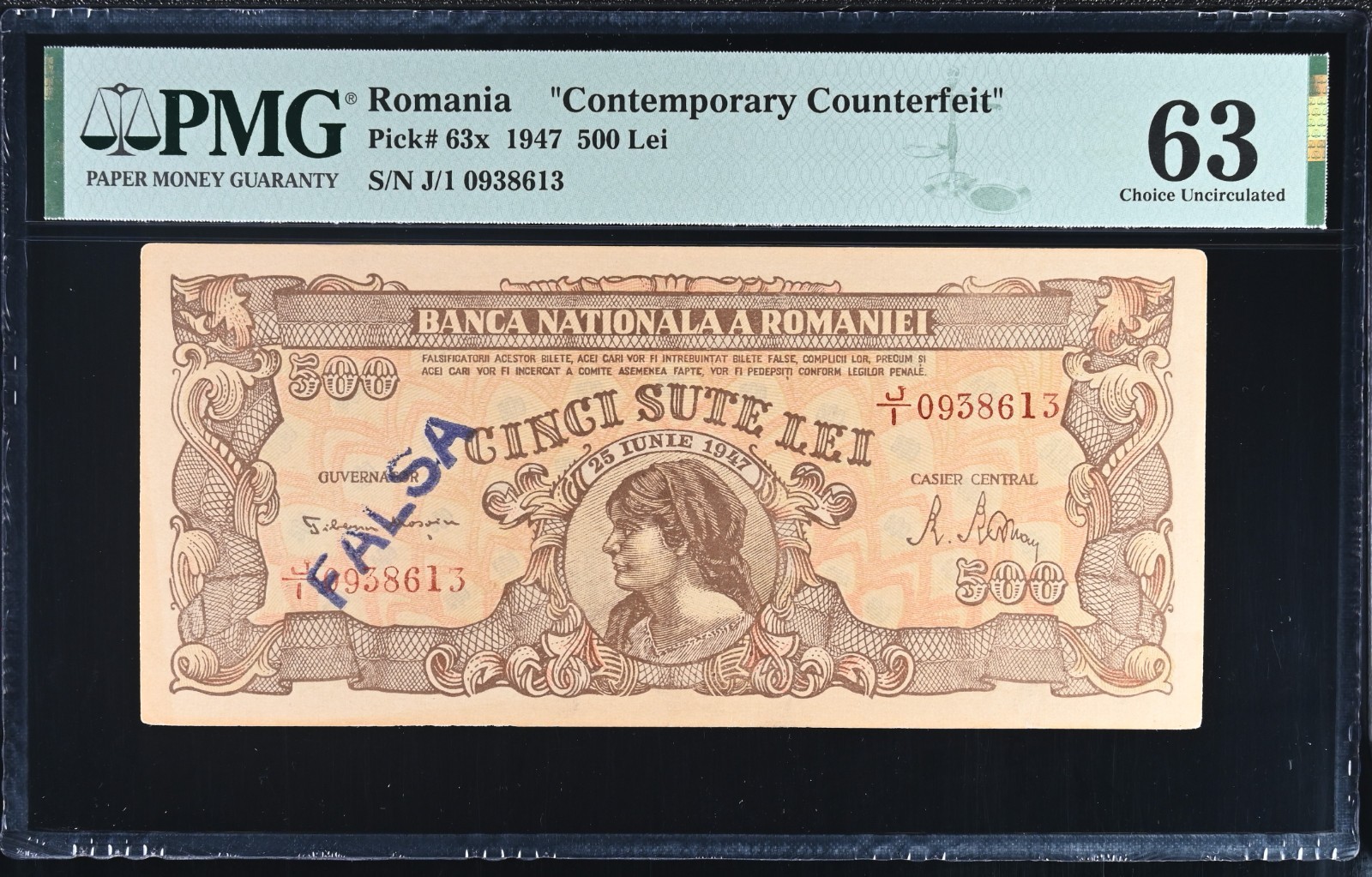 500 lei  1947 PMG 63,  cosas fals de epoca, contemporary  counterfeit graded