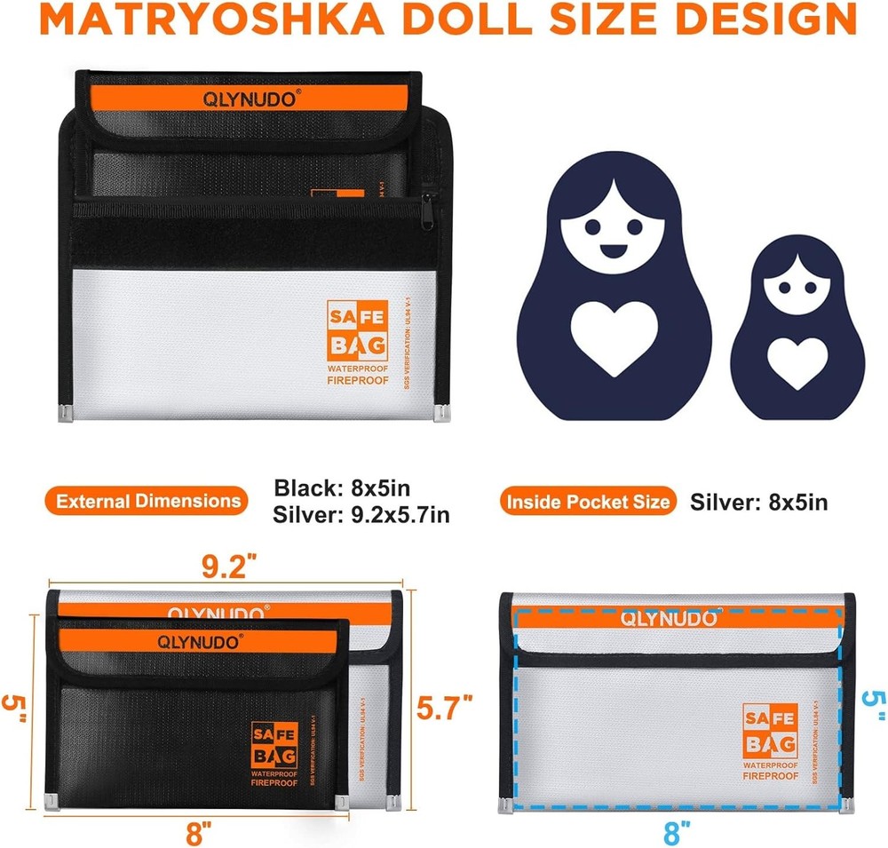 Small Fireproof Money Bag for Cash and Documents (8x5", Basic, Silver + Black