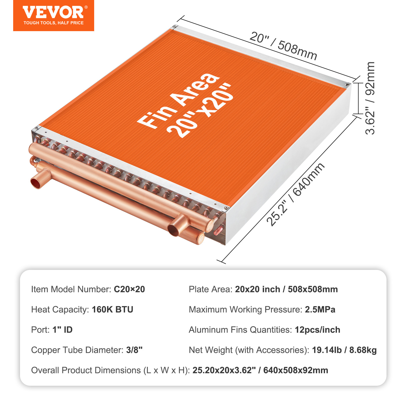 VEVOR 20"x 20" Heat Exchanger Water to Air 3-Row 3/8" Copper Ports 242 Fins