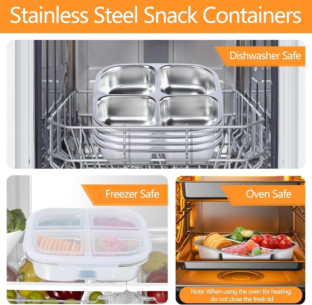 2 Pack Stainless Steel Snack Containers 4 Compartment Lunch Containers With Lids