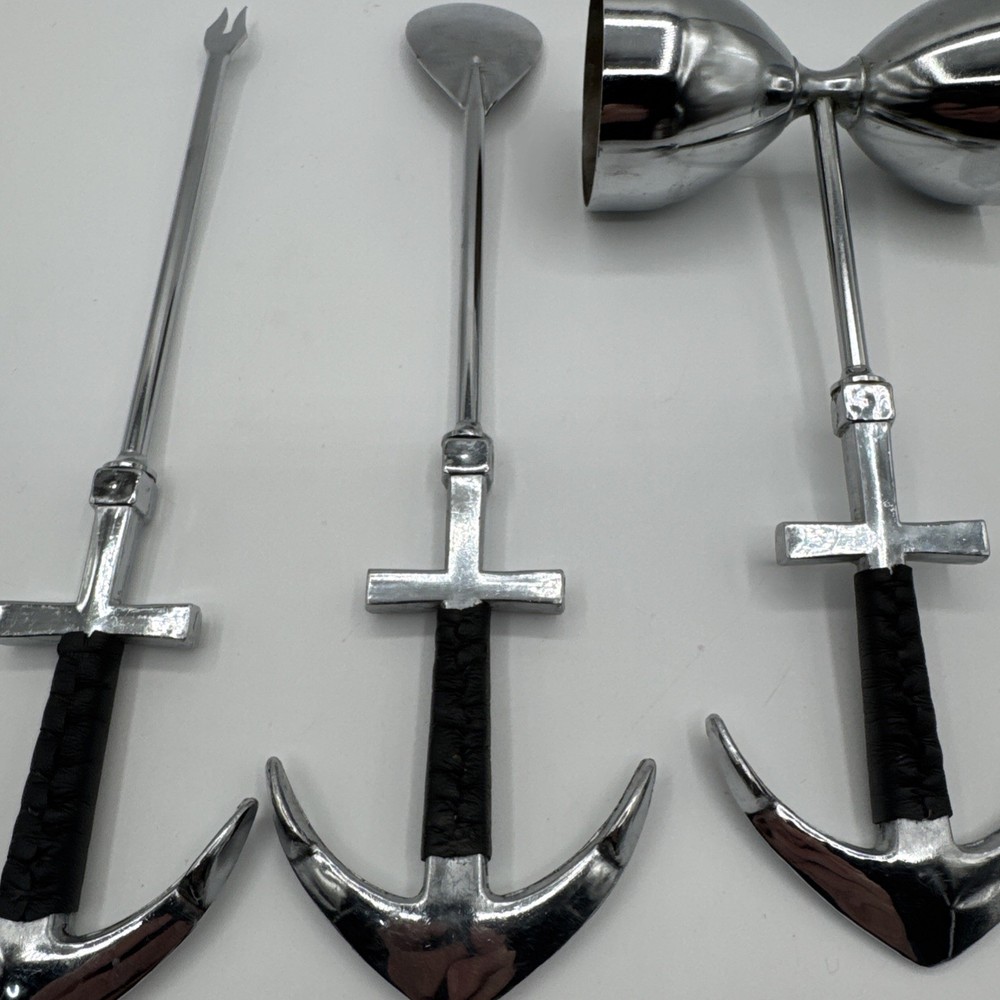 Vintage Nautical Anchor Handle Bar Tools Set Jigger Spoon Olive Fork Chrome