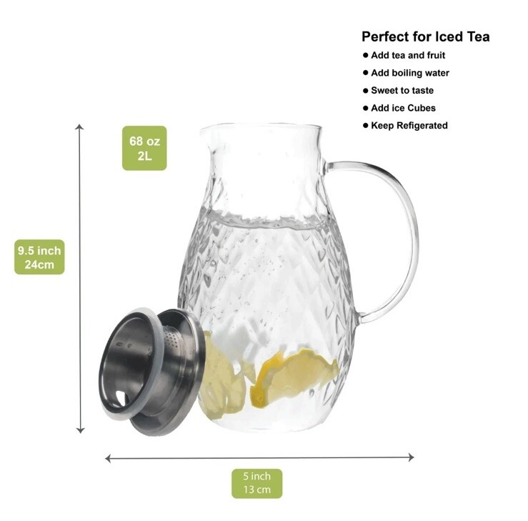 ✅68 Ounces Glass Pitcher With Lid Hot Cold Water Pitcher Carafe Jug With Handle