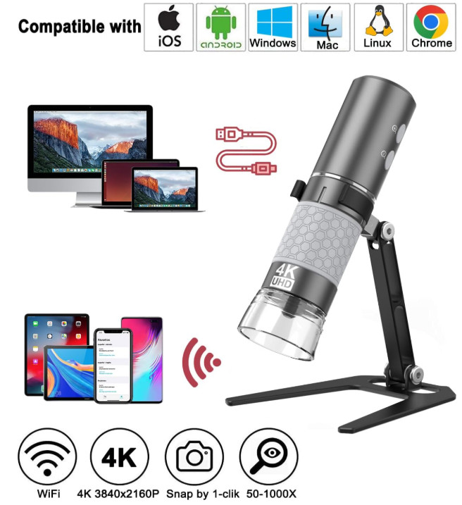 WiFi USB Microscope 50–1000x 4K, 8 LEDs, Stand, for iOS Android Mac Win Linux