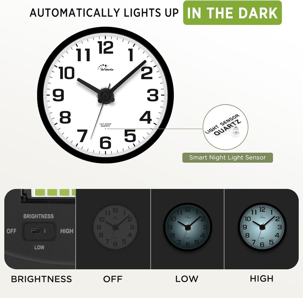 Night Light Wall Clock For Bedroom - Silent Lighted Up Wall Clock Glow