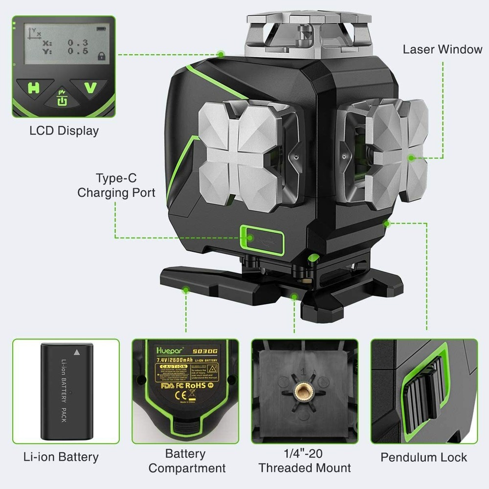 Huepar 4D Green Cross Line Laser Level Bluetooth & Remote Control With Hard Case
