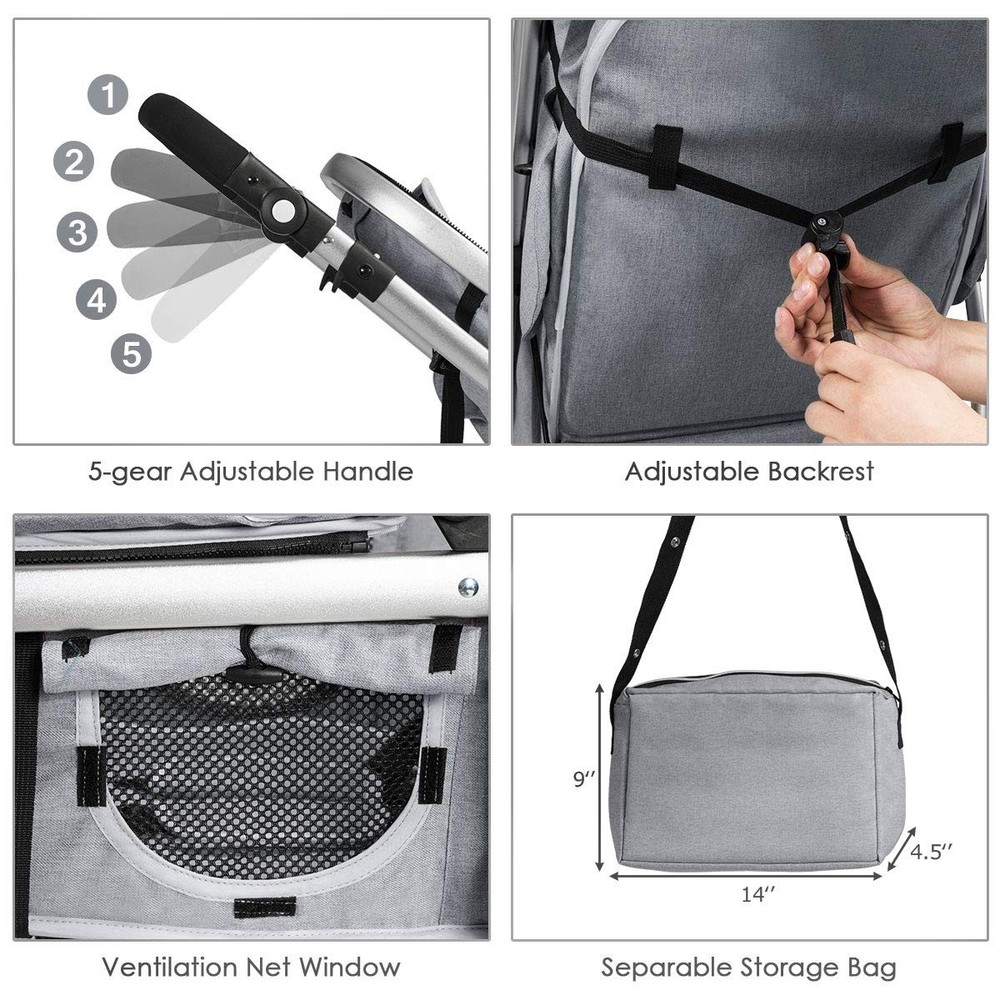 Convertible Baby Stroller with Adjustable Canopy & Storage - Gray