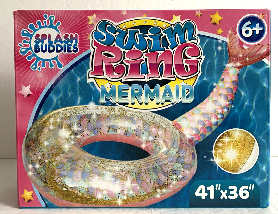 Splash Buddies NEW in Box Swim Ring Mermaid Gold Glitter 41" x 36"
