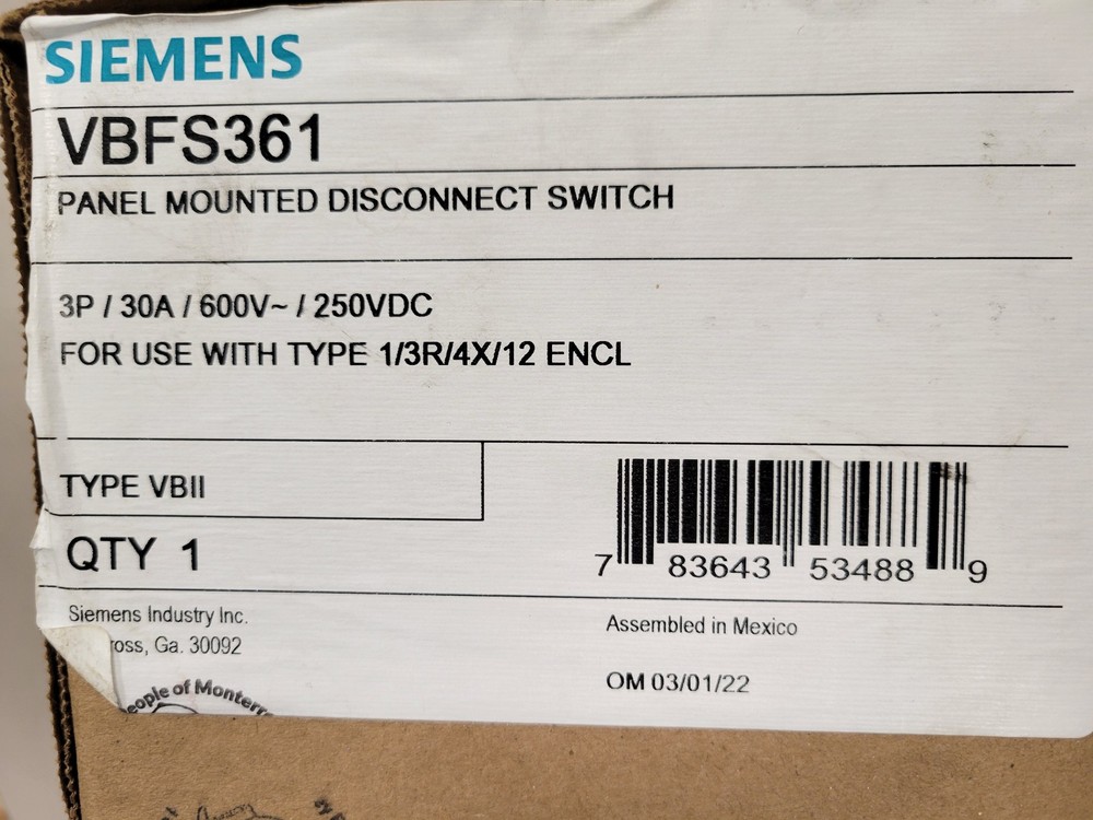 Siemens VBFS361 Panel Mounted Disconnect Switch 3P 30A 600V