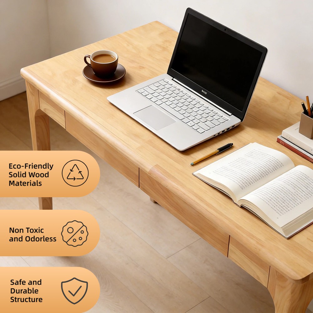 Solid Wood Desk w/ Drawers, Mid-Century Modern Home Office Desk, Study Bedroom