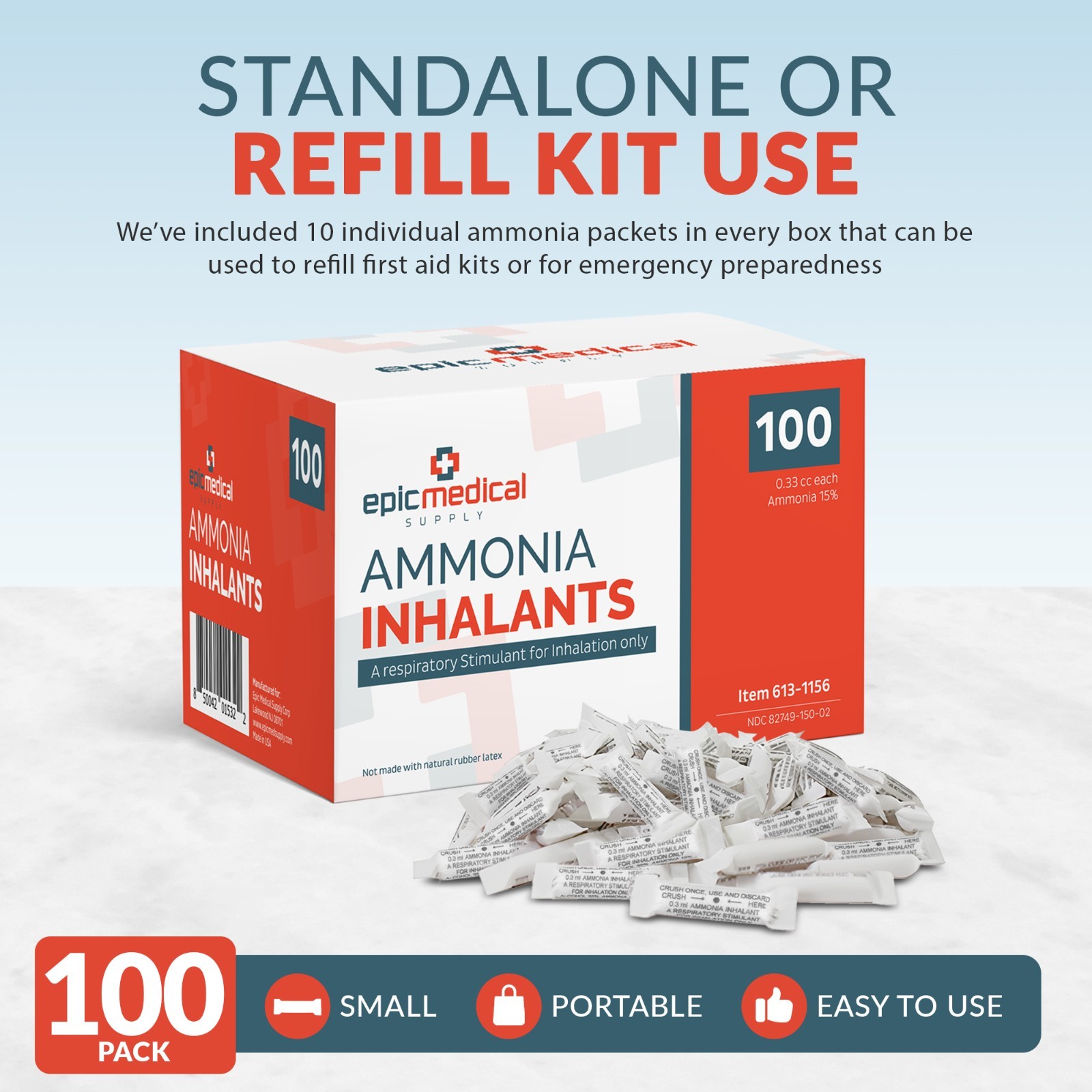 Ammonia Inhalants Smelling Salts for Fainting 100 Count Bulk Pack