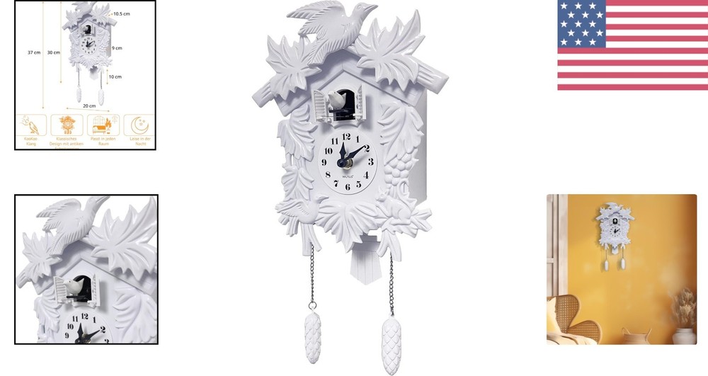 Charming White Cuckoo Clock for Christmas, Volume Adjustable & Elegant Design