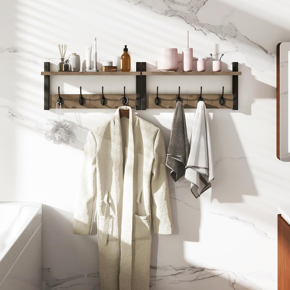 Versatile Wall Coat Hooks with Floating Shelf - 8 Hooks, 2 Pack in Silver Gray