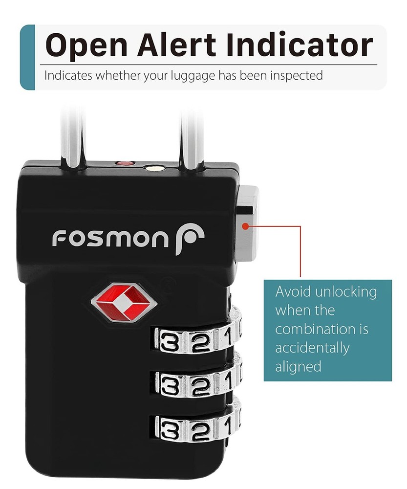 Fosmon TSA Accepted Luggage Locks, (4 Pack) Open Alert Indicator 3 Digit Comb...