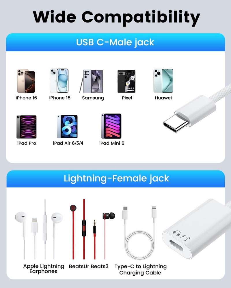USB C to Lightning Audio & Charging Adapter, Type C iPhone Converter White