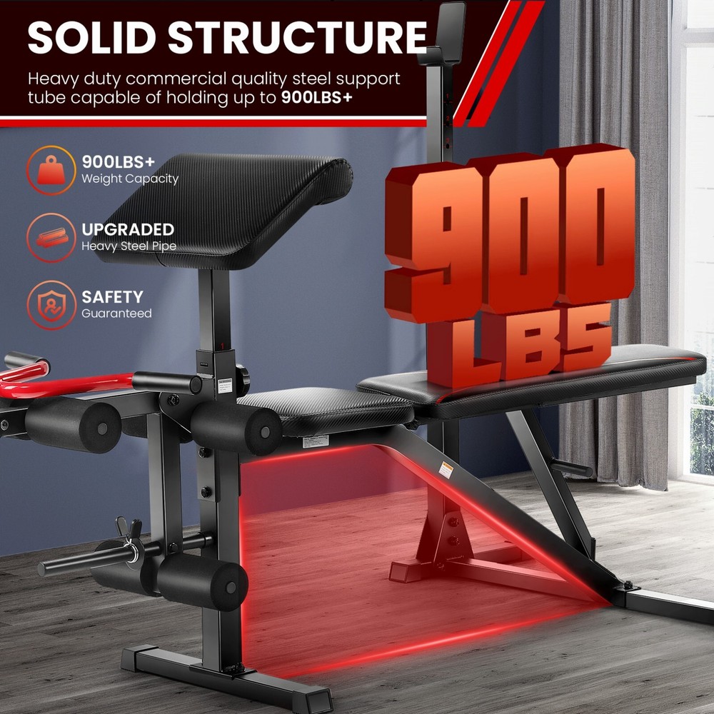 900LBS Weight Bench with Barbell/Squat Rack Adjustable Full-Body Workout Bench💪