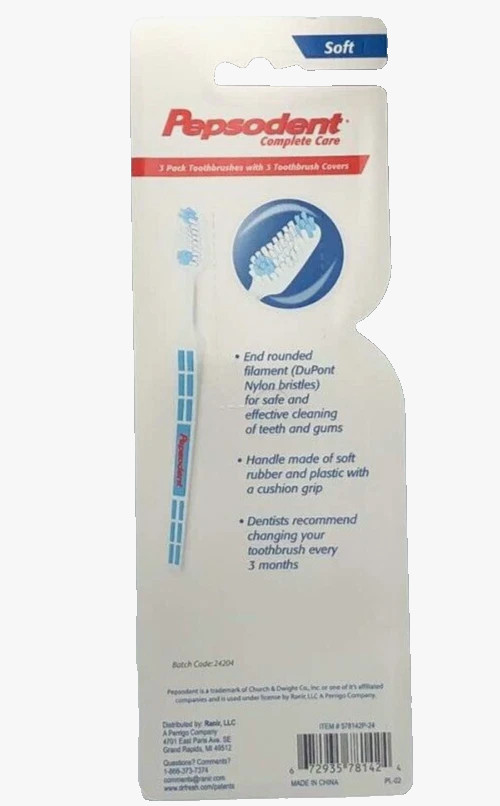 Pepsodent Complete Care Multi Pack ~ 3 TTL Toothbrushes W/ Covers ~Soft Bristles