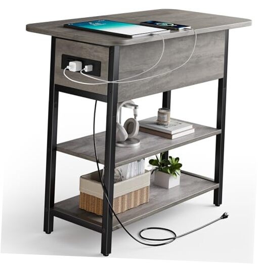 End Table with Charging Station, Flip Top Side Table with USB Ports and Grey