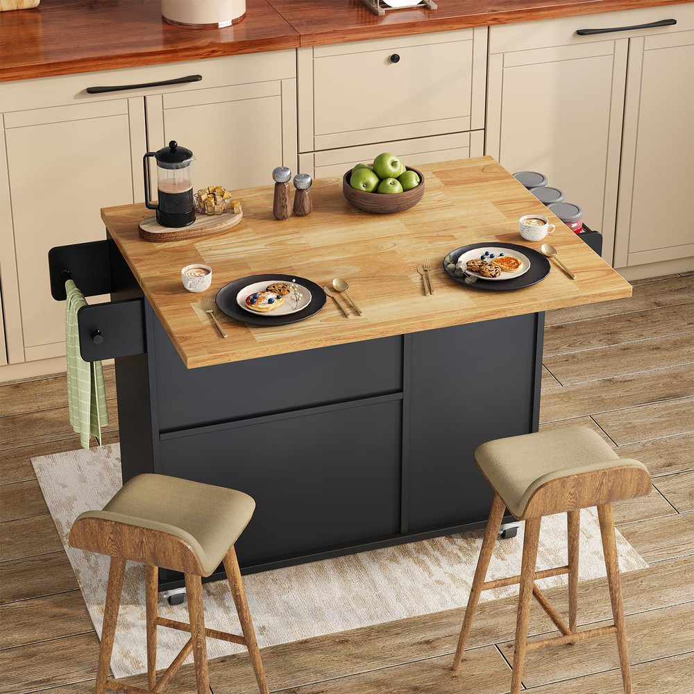 Portable Rolling Kitchen Island with Storage, Drop Leaf Countertop, Black