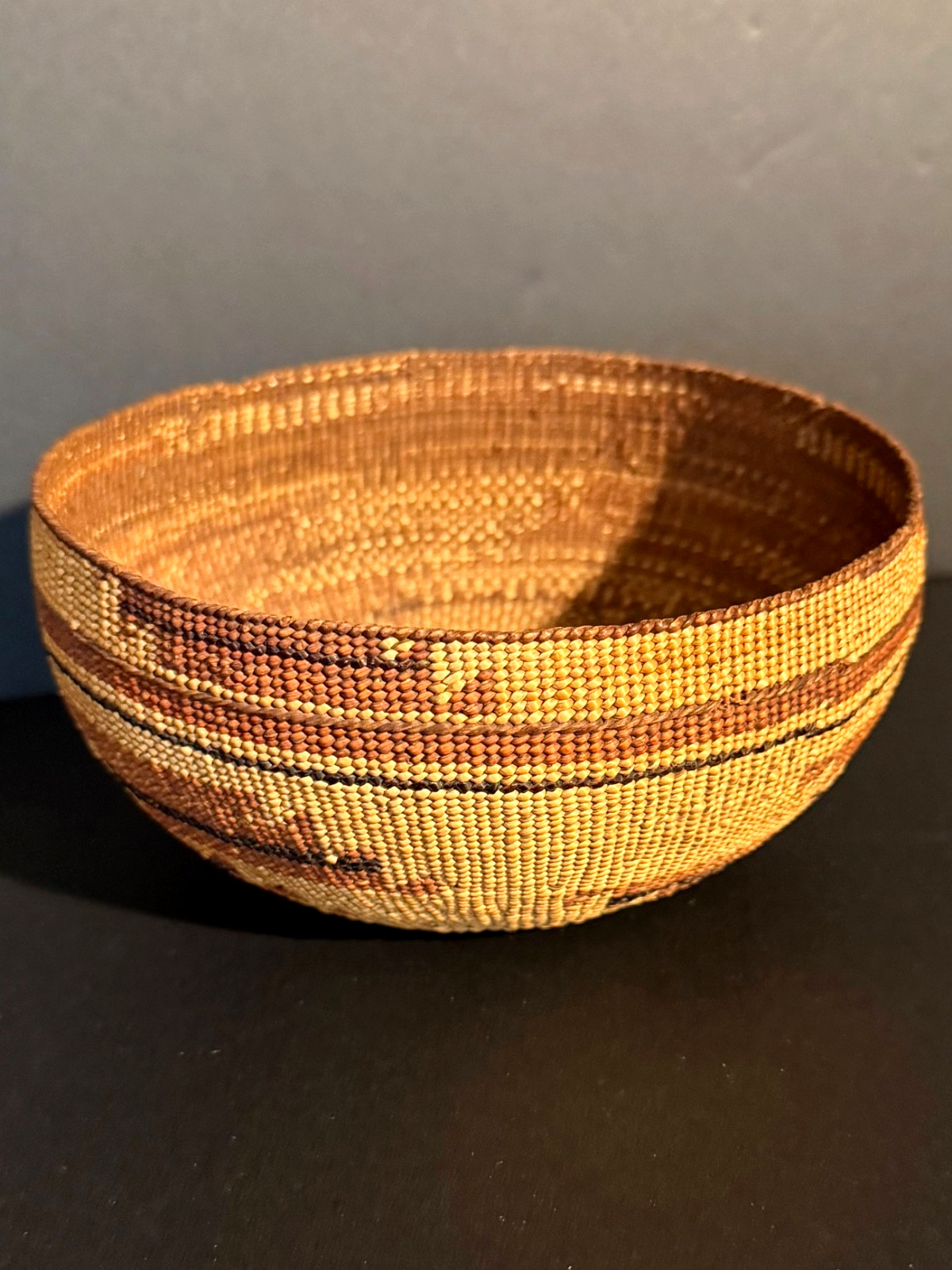 EXTRAORDINARY HUPA FANCY CAP BASKET, BEAR GRASS & FERN OVERLAY, C1890, EXCELLENT