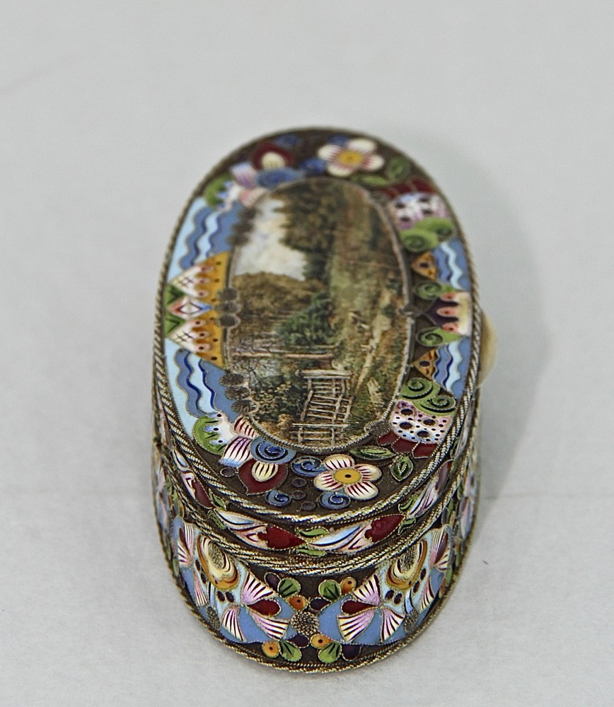Russian 84 Silver Cloisonne Enamel Snuff or Pillbox