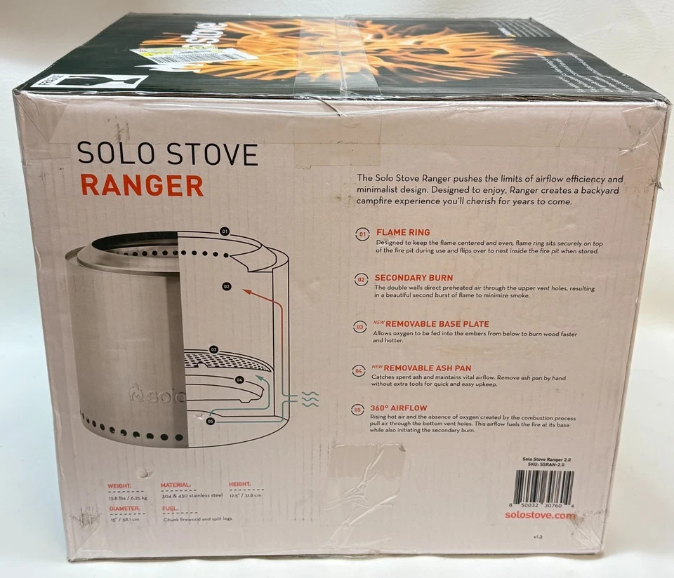 Solo Stove Ranger 2.0 Outdoor Fire Pit Stainless Steel Portable 15"Dia x 12.5"H