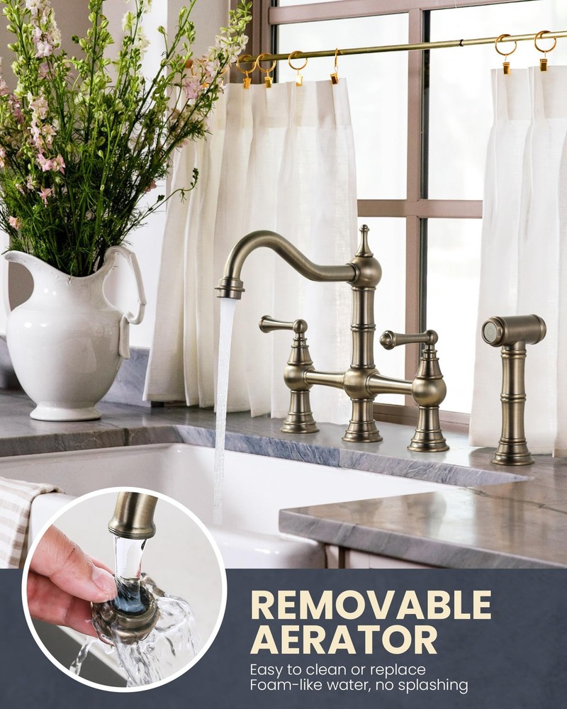 Bridge Kitchen Faucet with Side Sprayer, WOWOW Solid Brass Kitchen Faucet for...