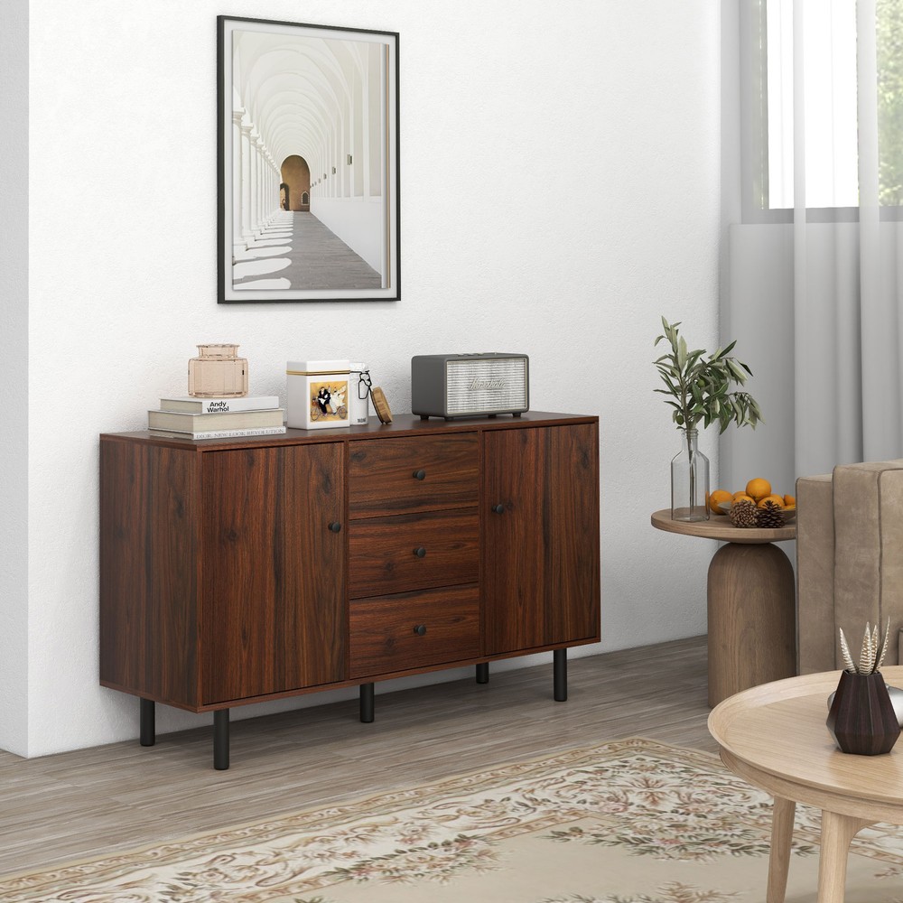 Retro Sideboard with 2 Cabinets 3 Drawers, Buffet Table Rustic Brown