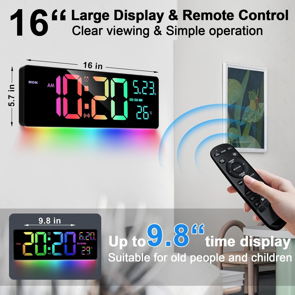 16" Bluetooth Large Digital Wall Clock/Auto Time Sync, 10 RGB Colors Digital ...