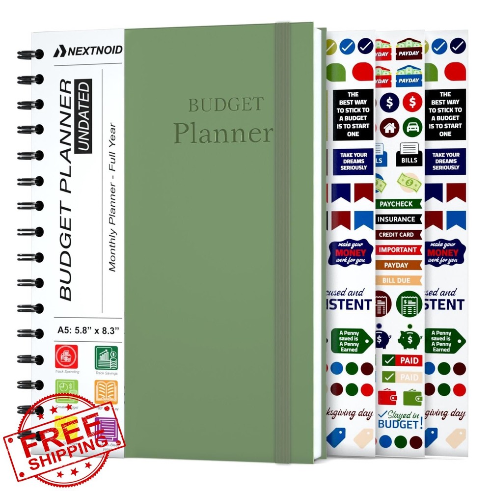 Green Budget Planner, Monthly Bill Organizer, A5 Undated Notebook