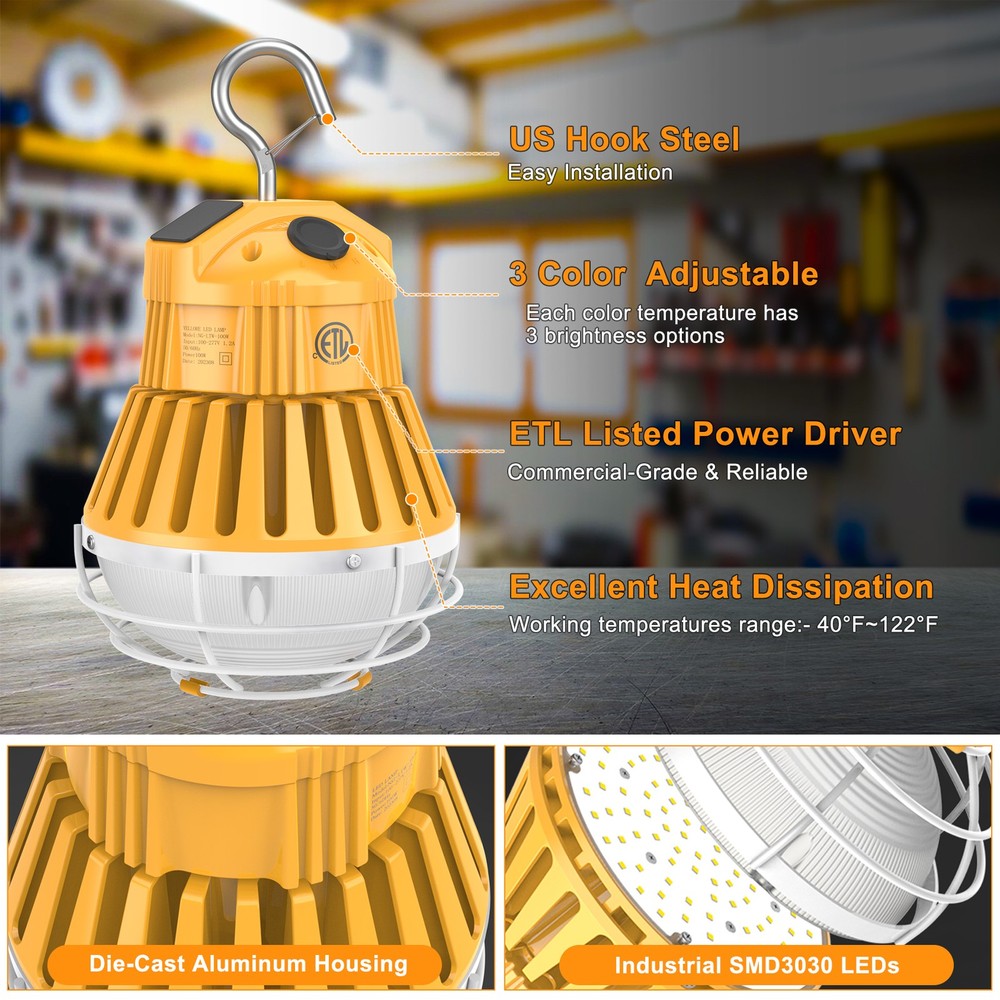 LED Temporary Work Light 100W 4500K/5000K/5700K Adjustable Linkable Hanging Lamp