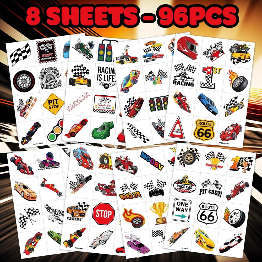 96 PCS Race Car Pre-Cut Temporary Tattoos Sticker Racing Pit Medium, Normal